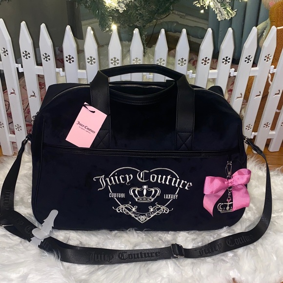 Juicy Couture Black Velour Weekender Girlie Royalty Travel Bag Pink Bow Duffle